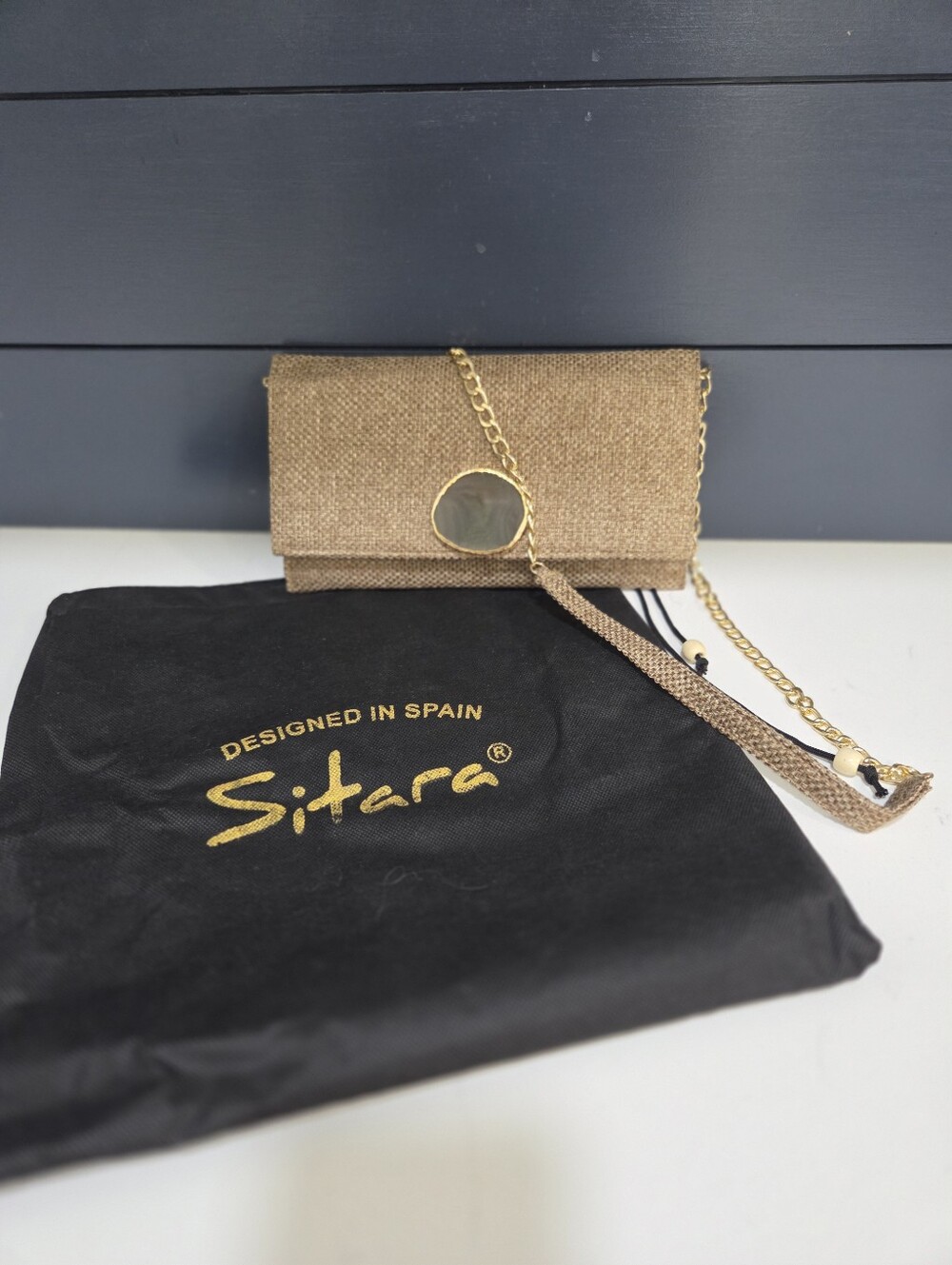 Sitara Gold-Tone Woven Crossbody Clutch - Textured Removable Strap Dust Bag